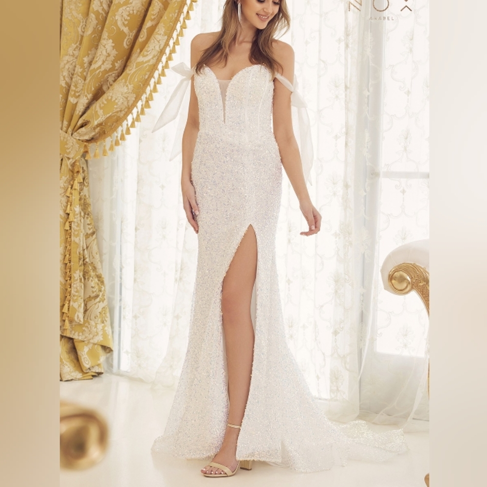 Off shoulder sequin white/multi long gown with leg slit